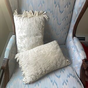 Vintage decorative Set of 2 Brocade fringed Lumbar Throw Pillows in cream color.